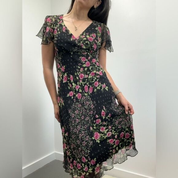 Vintage Y2K Black & Pink Ruffle Flutter Sleeve V-neck Midi Dress Size 8 - Picture 1 of 10